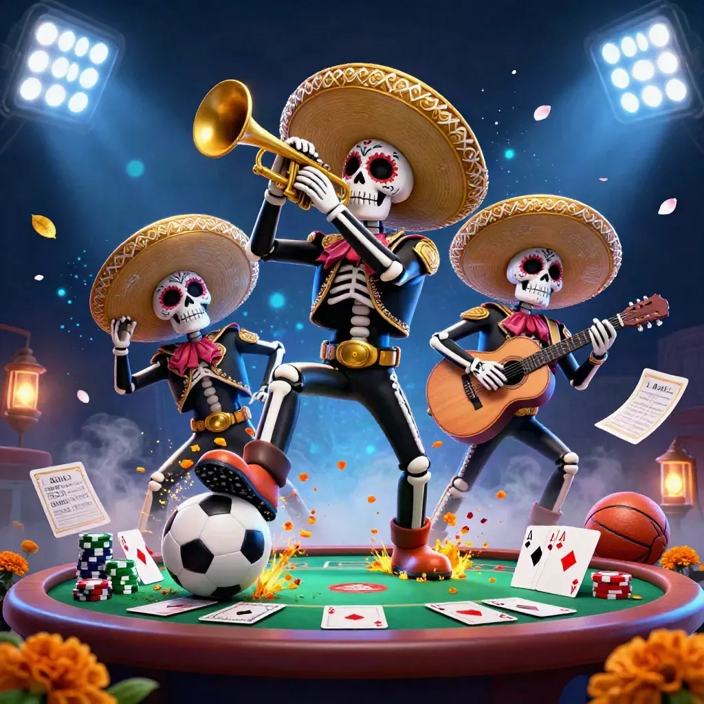 Trio di scheletri mariachi tra fiches, carte, pallone e luce neon blu.