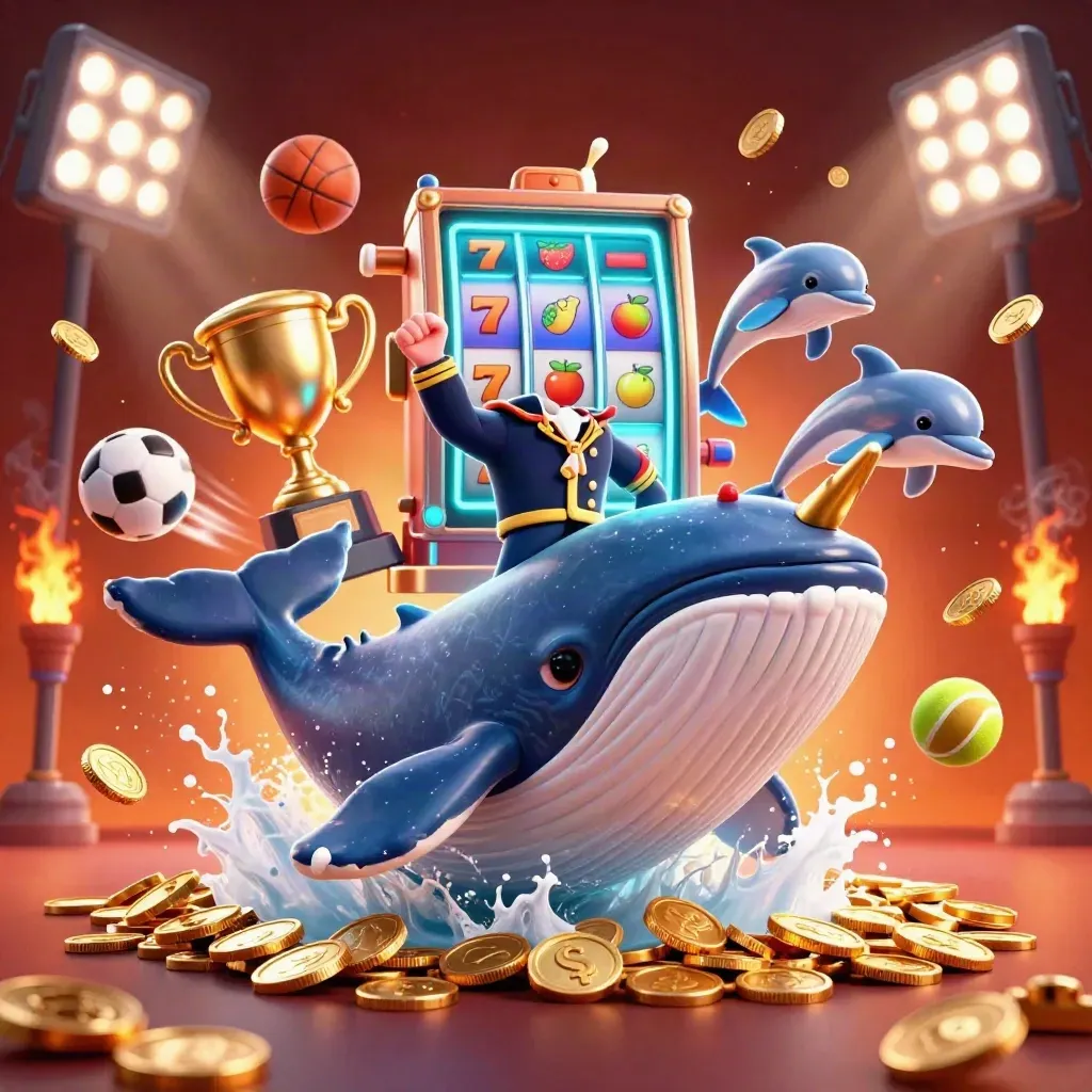 Balena capitano, narvalo e delfini tra monete, trofeo e palloni in bagliore neon.